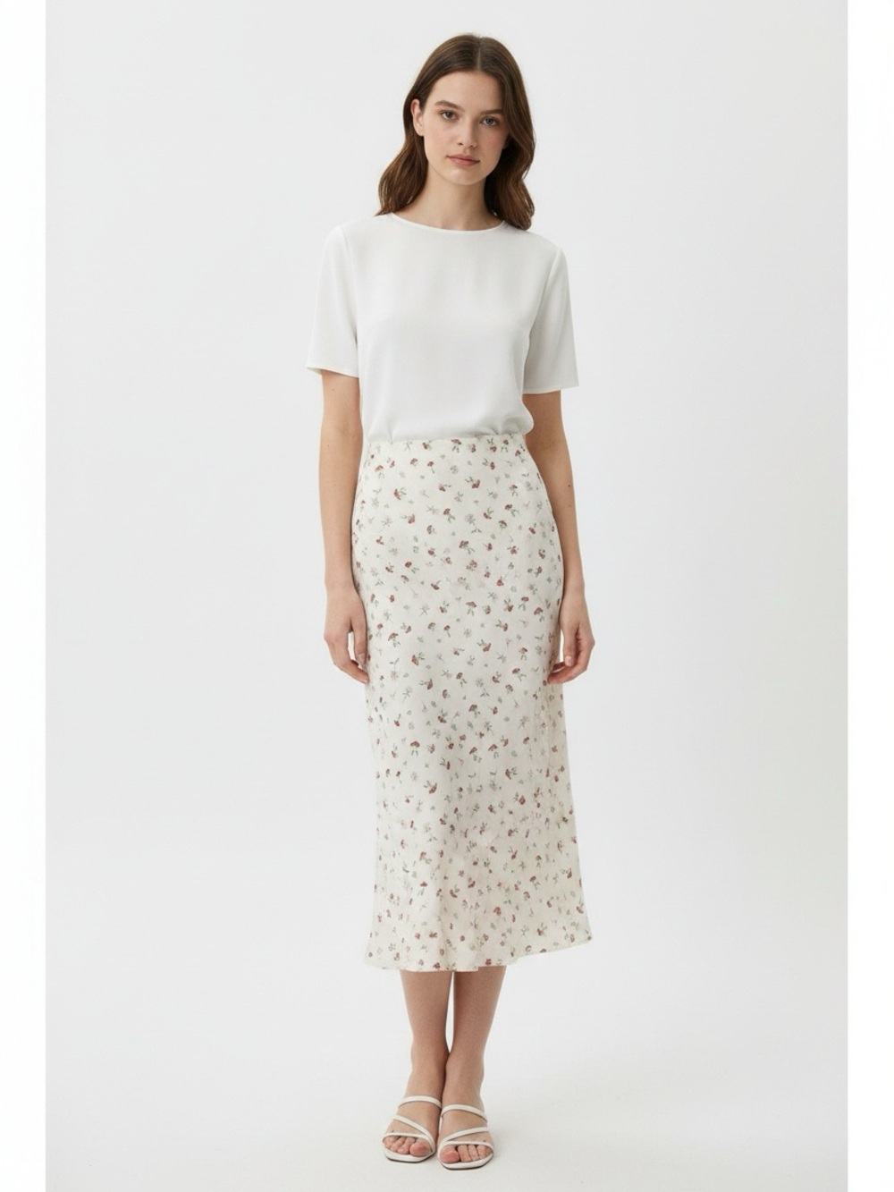 H&M Cream Midi Skirt with Red and Green Floral Print